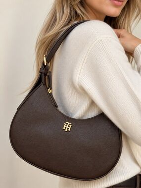 Tommy Hilfiger Dark Brown Pebbled Hobo Shoulder Bag Gold Logo NWT